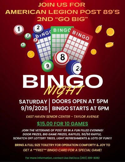 Flyer for American Legion Post 89's Bingo Night event on 9/19/2026.