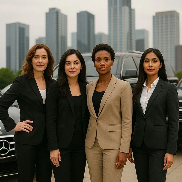 A powerful image showcasing 4 confident women standing proudly in front of Black car fleet