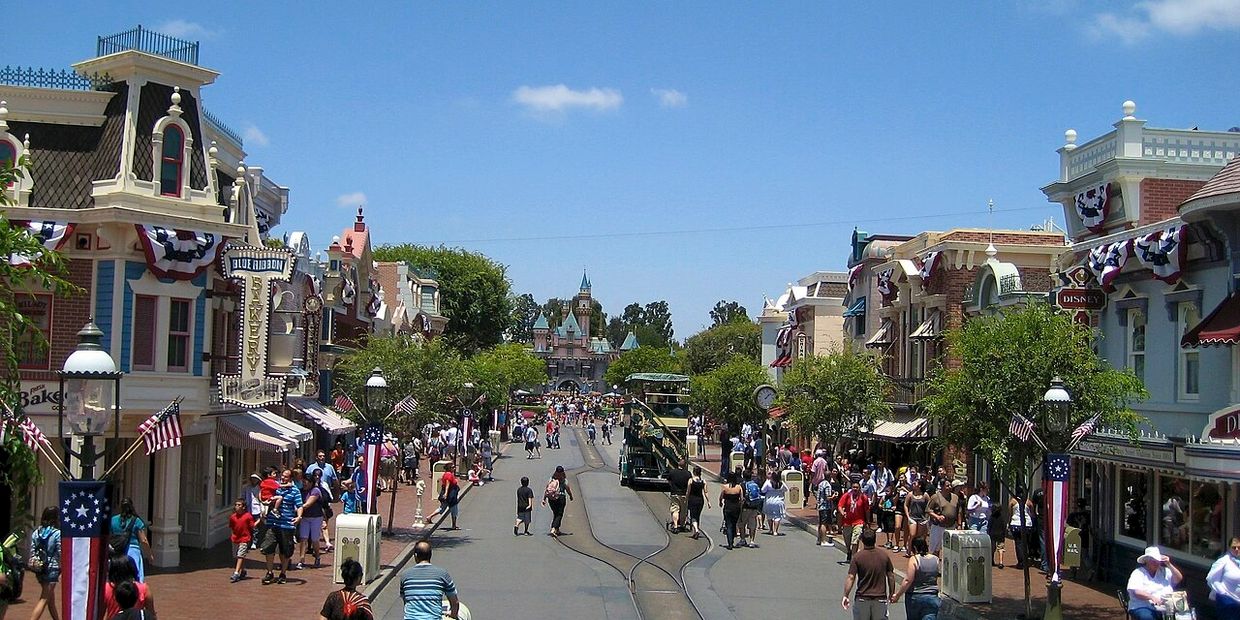 People walking down Main Street in Disneyland, Anaheim, California.