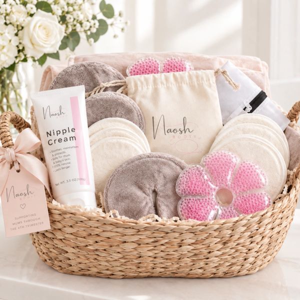 Wicker basket with Naosh body nipple cream and skincare items.