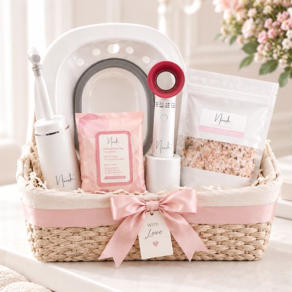 Elegant spa gift basket with wellness products and pink bow.