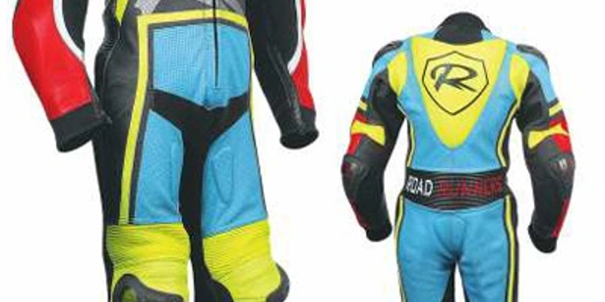 Colorful motorcycle racing suit front and back views.