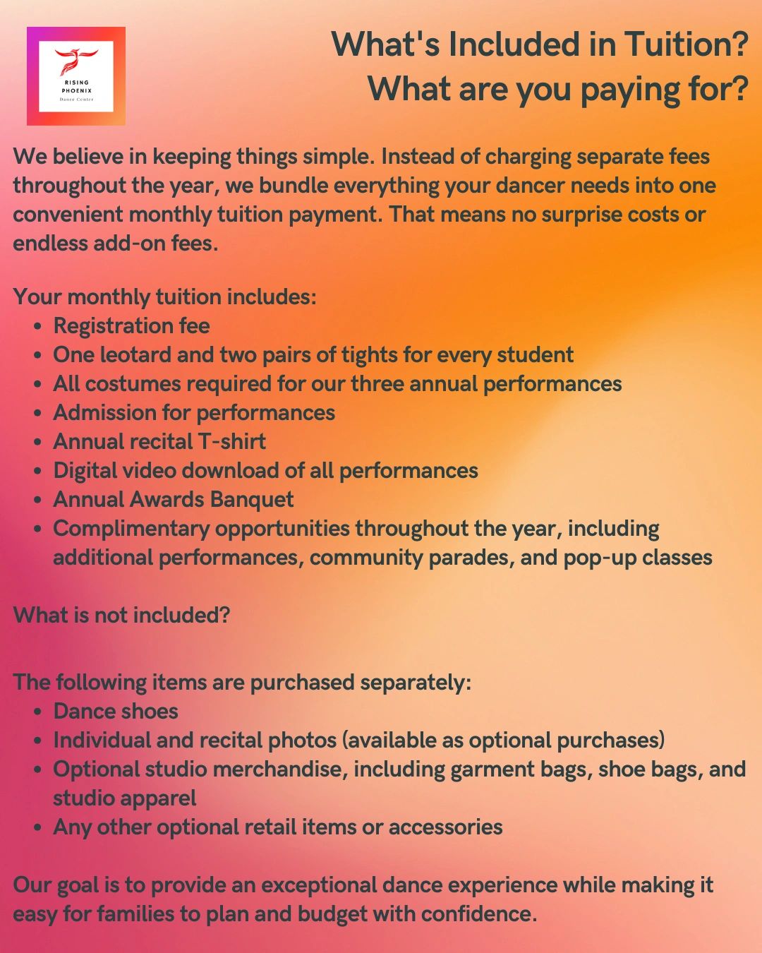 Breakdown of tuition inclusions and exclusions at Rising Phoenix Dance Center.