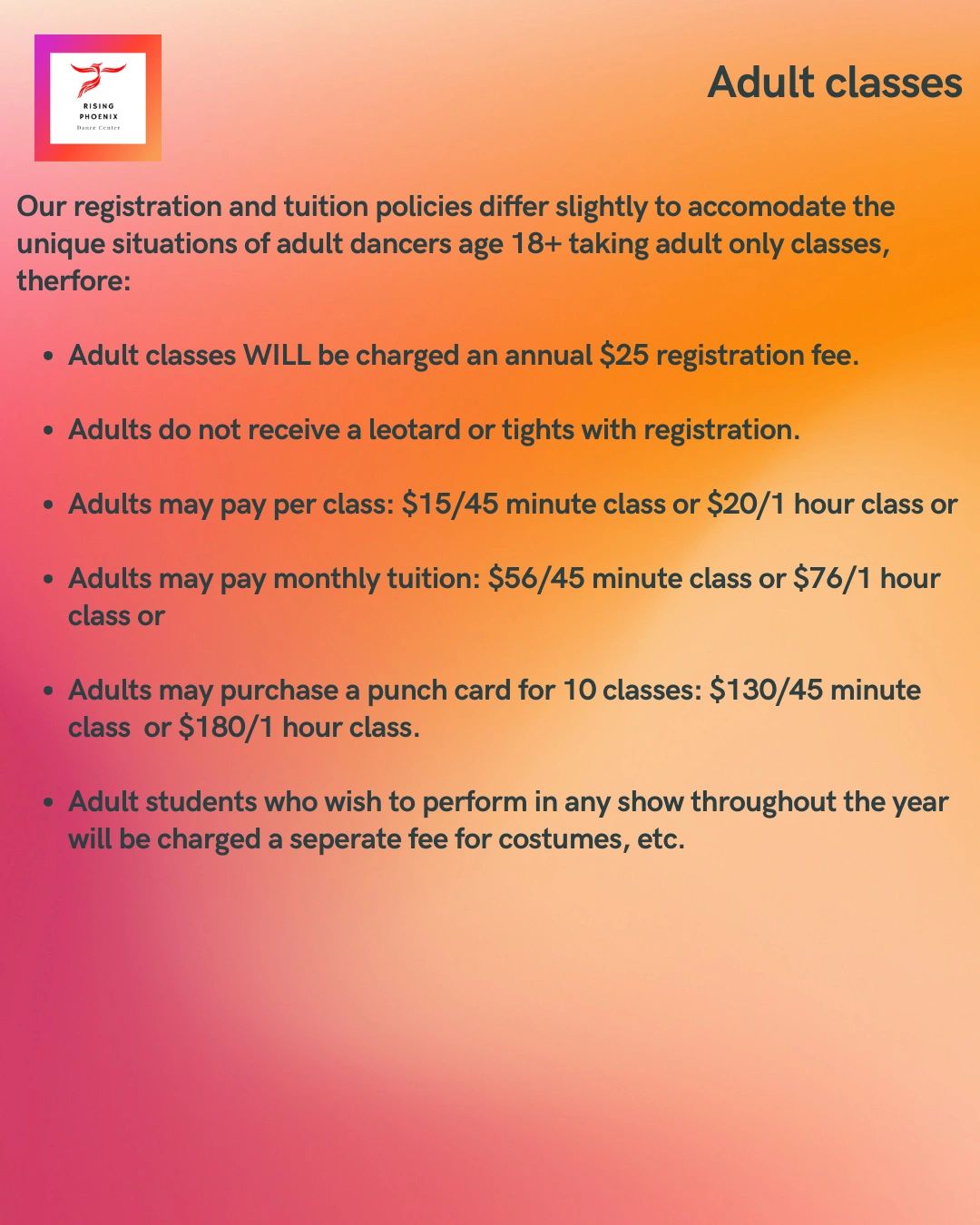 Adult classes registration and tuition policy with fees.