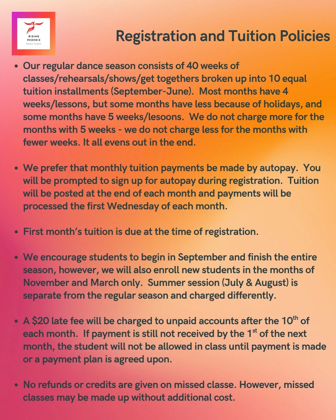 Dance center registration and tuition policies with payment details and session info.