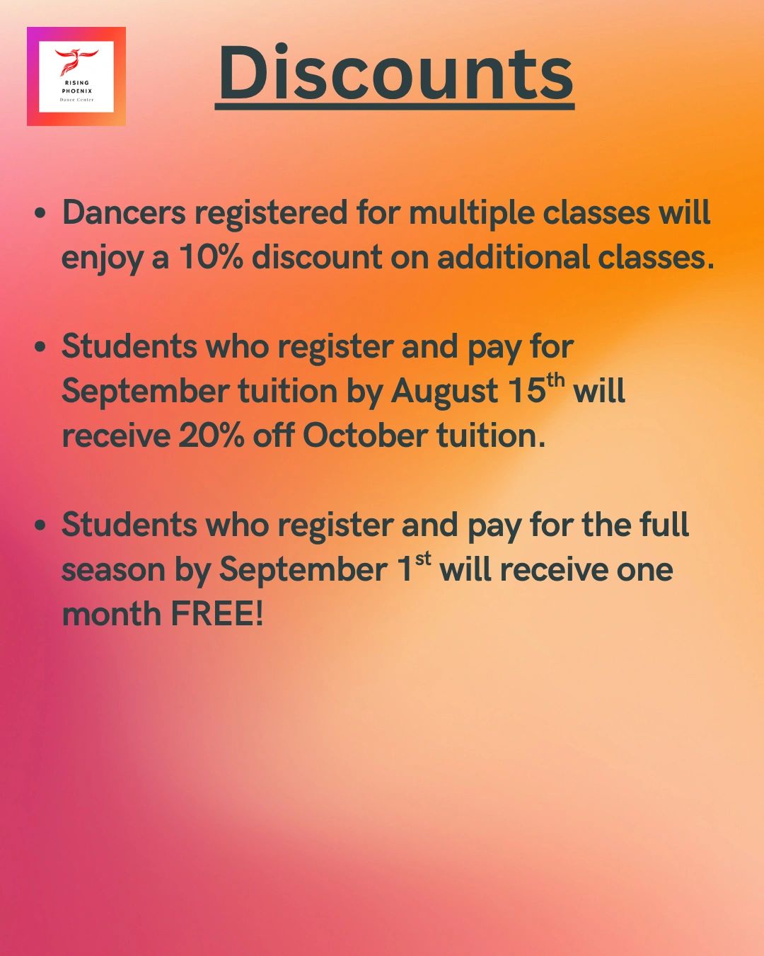 Discounts available for dancers registering early or for multiple classes.