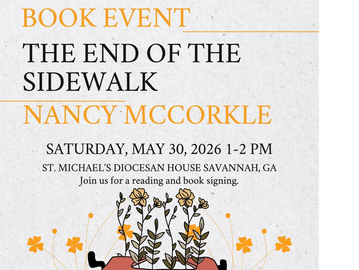 Book event announcement for Nancy McCorkle's "The End of the Sidewalk" on May 30, 2026, in Savannah, GA.
