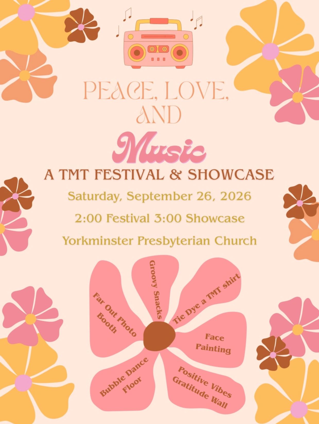 Peace, Love, and Music festival announcement with floral design and event details.