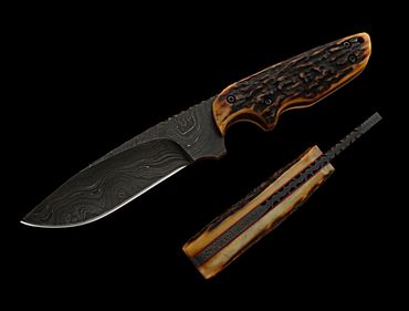 Big Boy Snowcat knife with amber stag handle Damascus blade thorny vine filework by Robert Champion