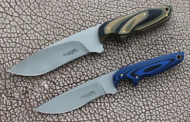 Big Boy Snowcat and Snowcat knives with G10 handles and satin finish blades by Robert Champion