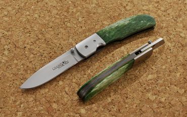 Texas Wind folder knife with green giraffe bone handle by Robert Champion