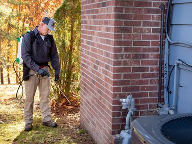 Photo of technician outside building while fumigating.