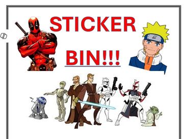 Collage of popular characters with bold 'STICKER BIN!!!' text.