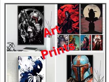 Collage of vibrant art prints featuring superheroes and sci-fi characters.