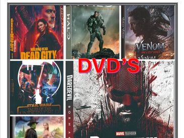Collage of popular DVD covers including Daredevil, Halo, Star Wars, Venom, and others.