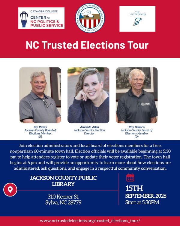 NC Trusted Elections Tour flyer with photos of panelists