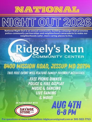National Night Out 2026 event at Ridgely's Run Community Center on Aug 4th, 6-8 PM.