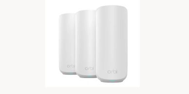 Three white Orbi Wi-Fi mesh units.