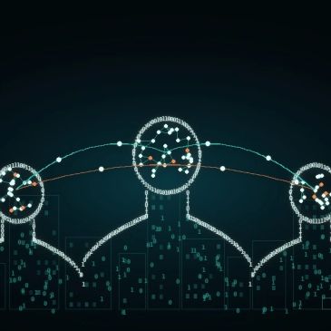 Digital representation of connected human silhouettes with data nodes and networks.
