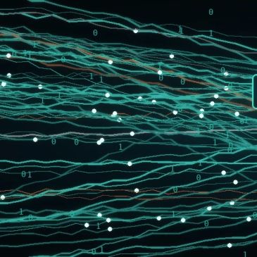 Futuristic data streams with binary code and glowing lines.