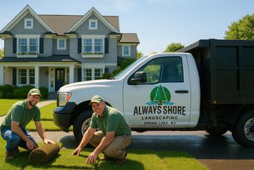 Two landscapers laying sod in front of a house beside a branded truck.