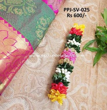 Pellipoolajada_FreshFlowerVeni_Vijayawada: Multi colored veni with roses and mallepuvu