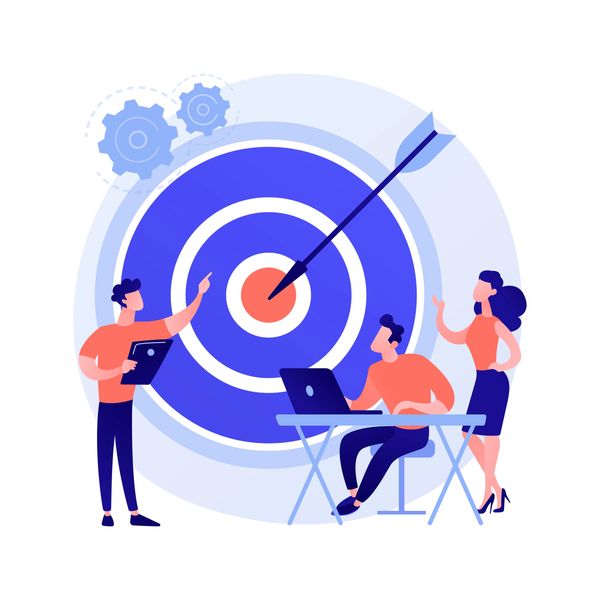 Team discussing strategy with a bullseye and arrow hitting the center.