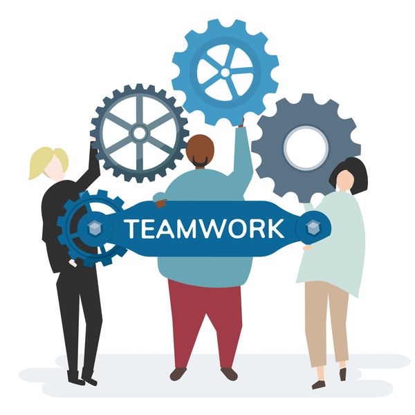 Three people holding gears labeled 'TEAMWORK'.