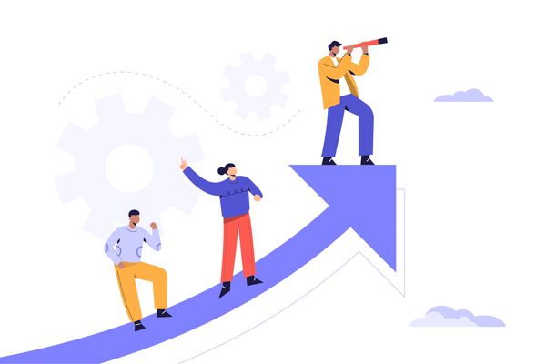 Three people on an upward arrow symbolizing growth and vision.