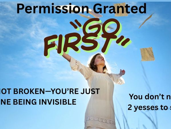 Woman in white dress under blue sky with motivational text about permission and visibility.