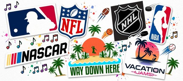 Collage of major American sports logos with tropical vacation theme.