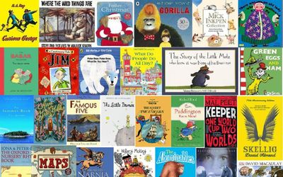 A colorful collage of classic children's book covers.