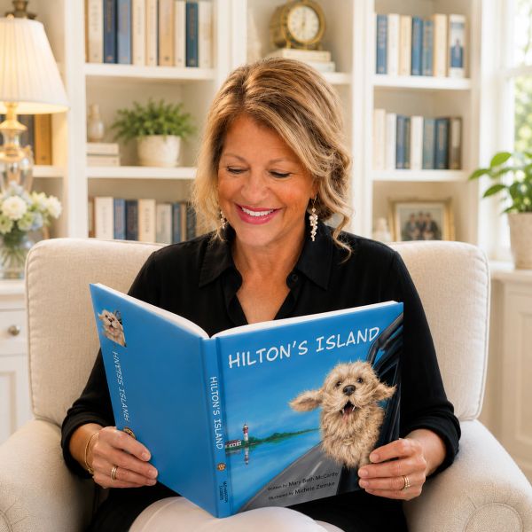 Woman happily reading a book titled Hilton's Island.
