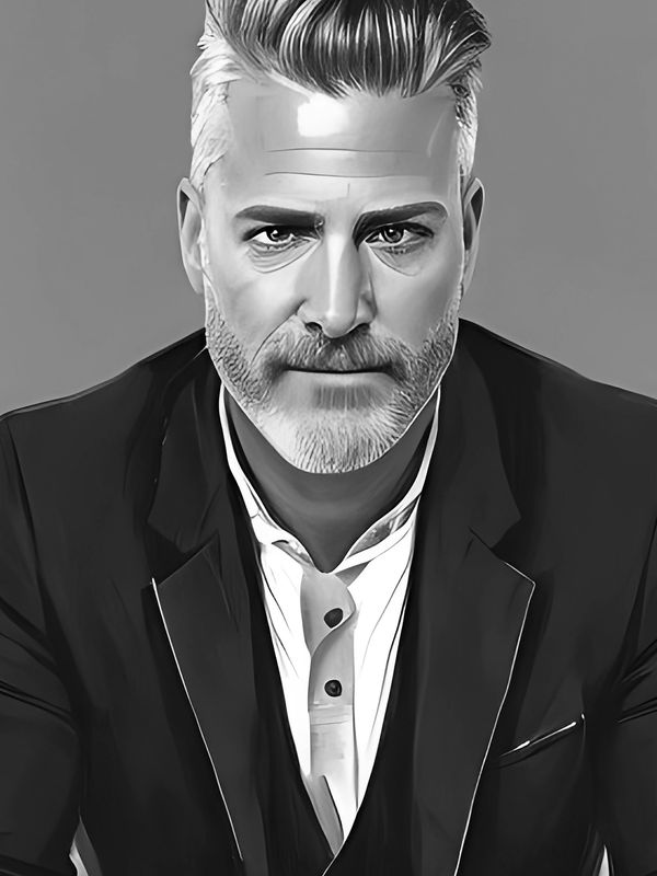 Monochrome portrait of a mature man with styled hair and beard.