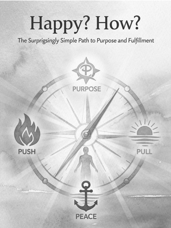 Diagram showing path to happiness with purpose, push, pull, and peace.