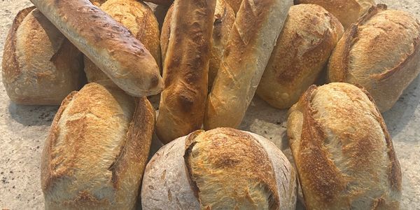 Freshly baked assorted loaves of bread with golden crusts.