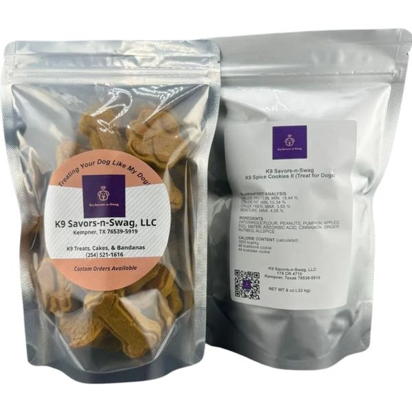 Silver pouches of K9 dog treats labeled K9 Savors-n-Swag, LLC.