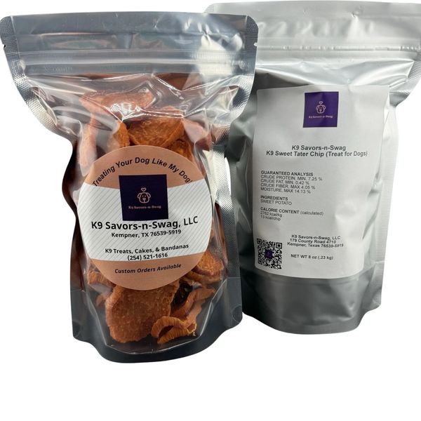Two resealable bags of K9 Savors-n-Swag dog treats, front and back views.