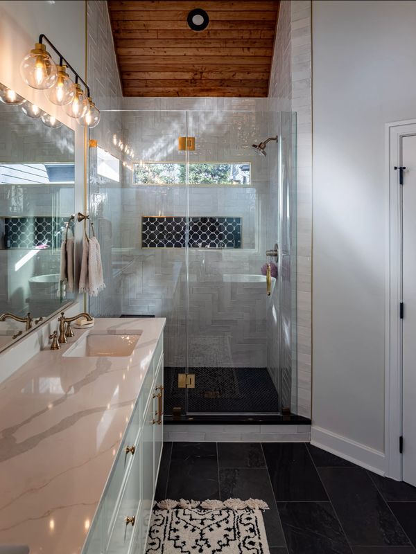 Newly remodeled master bathroom by Carolina Floor Demolition.