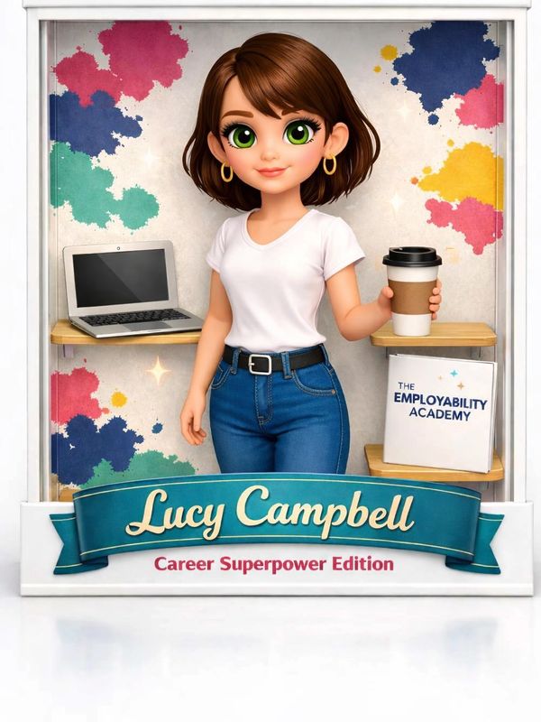 Animated doll Lucy Campbell holding coffee, with laptop and book.