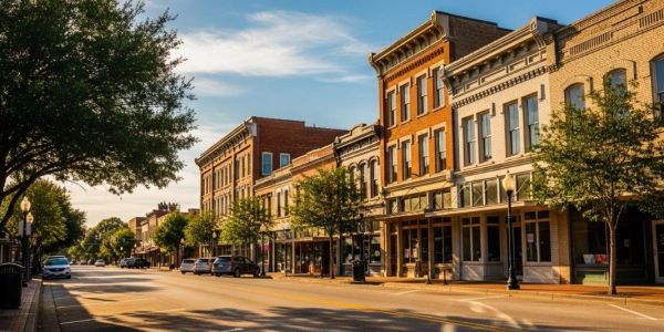 Quiet main street with historic buildings and trees.