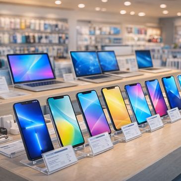 Smartphones and laptops displayed in a modern electronics store.