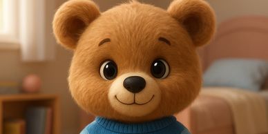 En sød animationsbjørn med blå trøje.