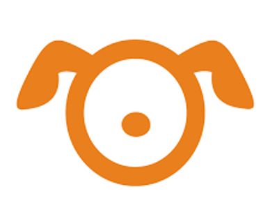Orange dog face logo with ears and a nose.