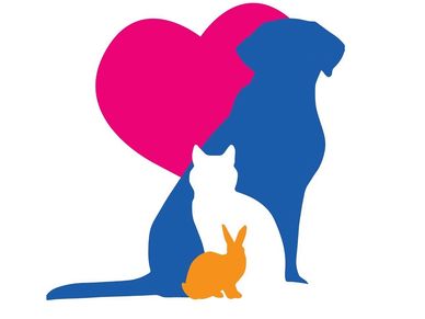 Silhouettes of a dog, cat, and rabbit with a heart, symbolizing pet love.