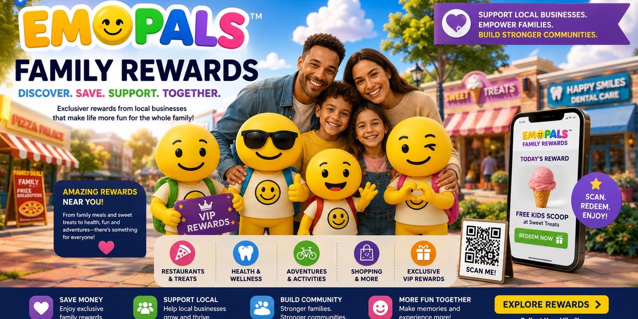 Happy family with emoji characters promoting EMOPALS Family Rewards program.