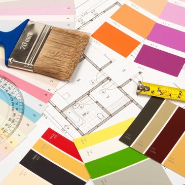 Paint swatches, blueprints and design tools.