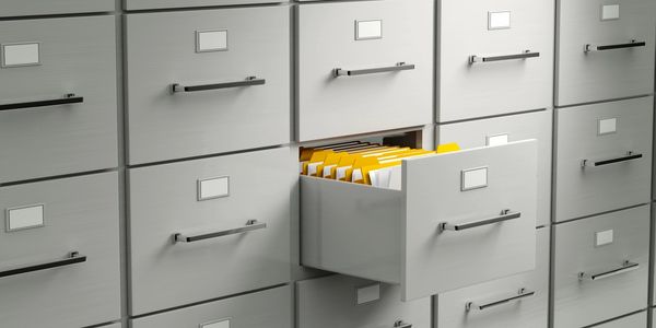 File cabinet with one open drawer showing files inside.