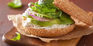 toasted, bagel, avocado, red onion, sprouts, morning, sesame, cream cheese, healthy, breakfast