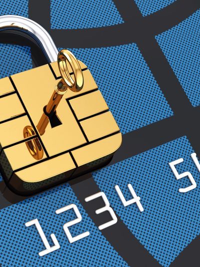 Image: A padlock icon superimposed on a bank card, symbolizing security and protection of your data